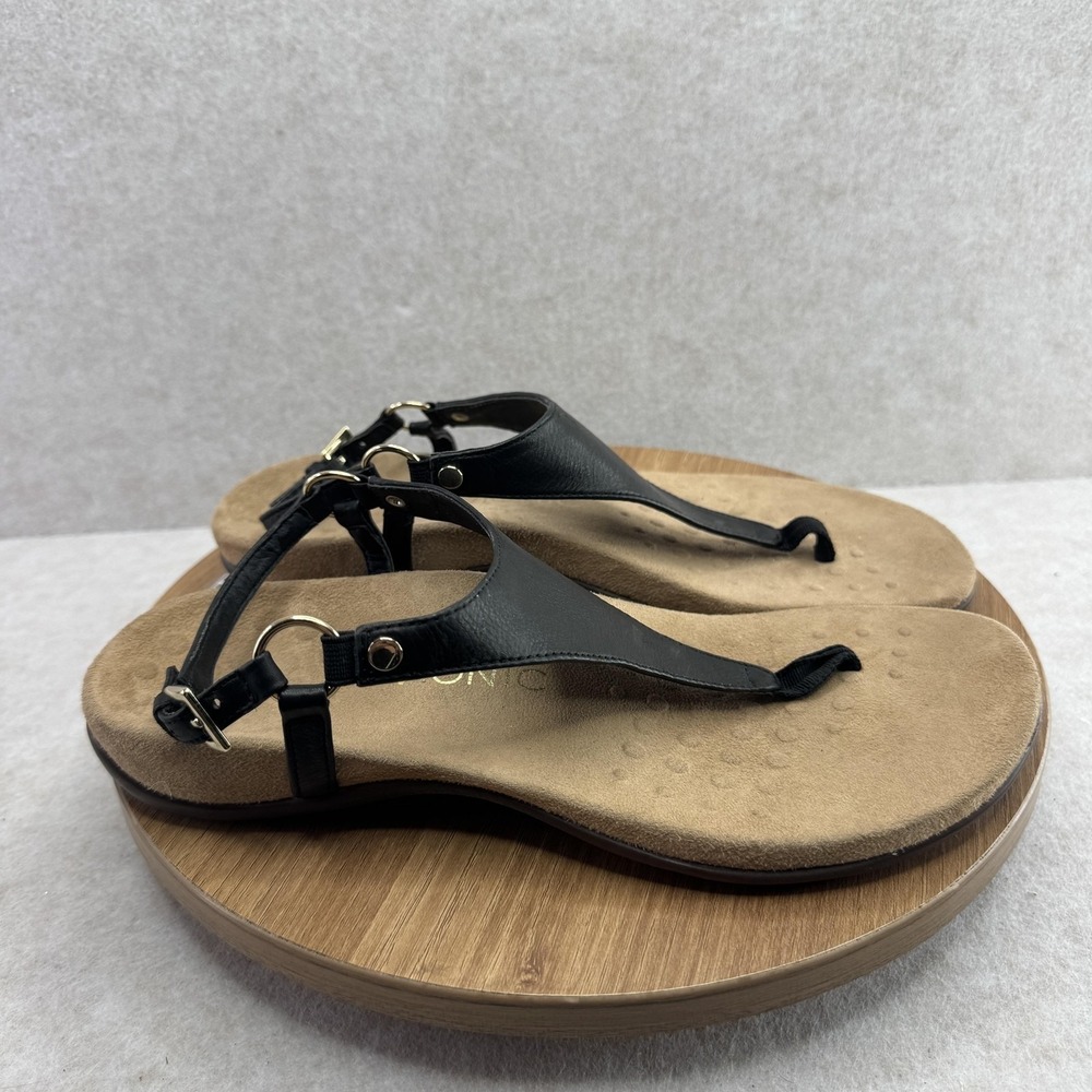 Vionic Black Leather T-Strap Women's Sandals